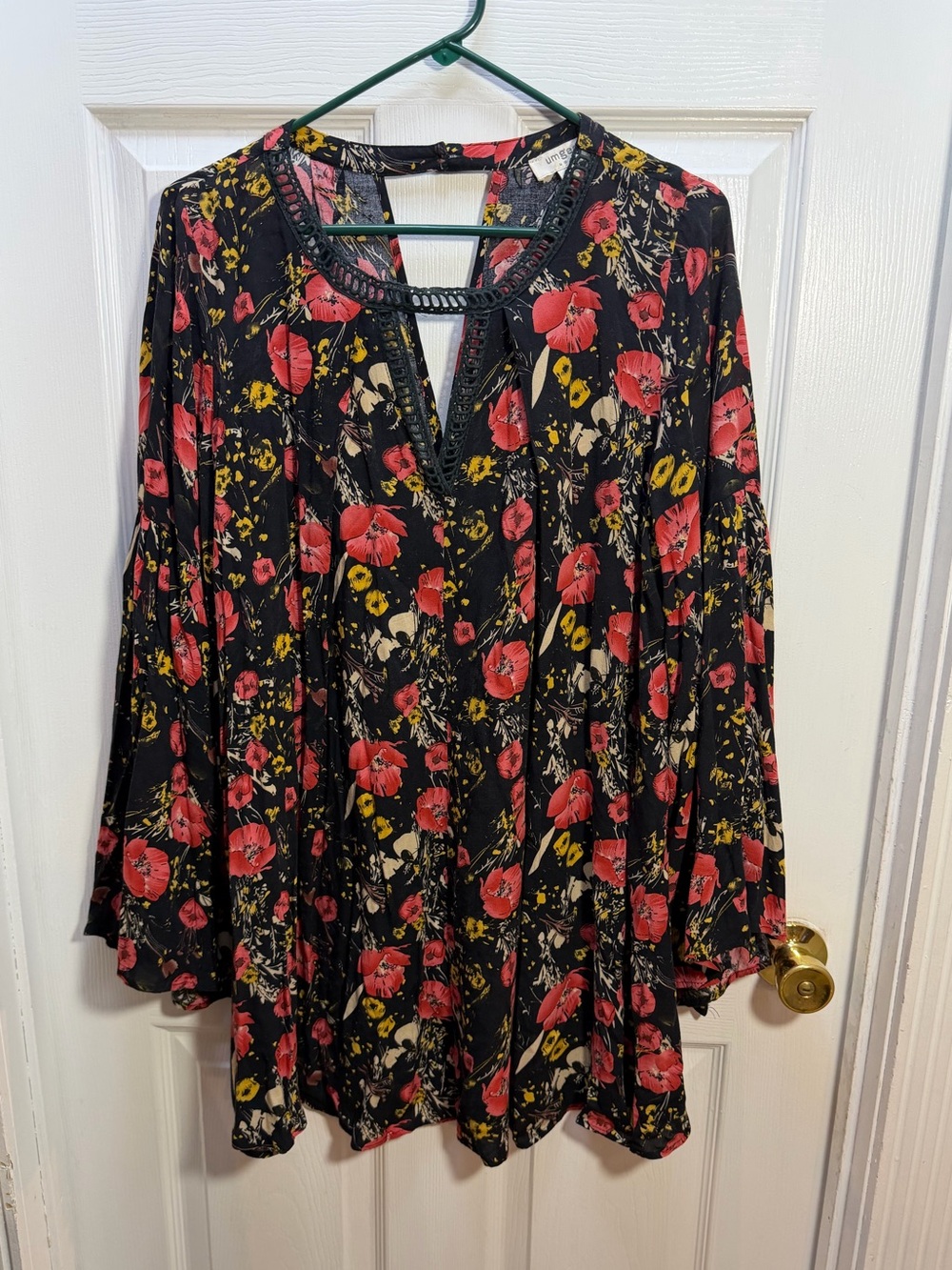 Umgee Black Floral V-Neck Top with Red & Yellow Blooms
